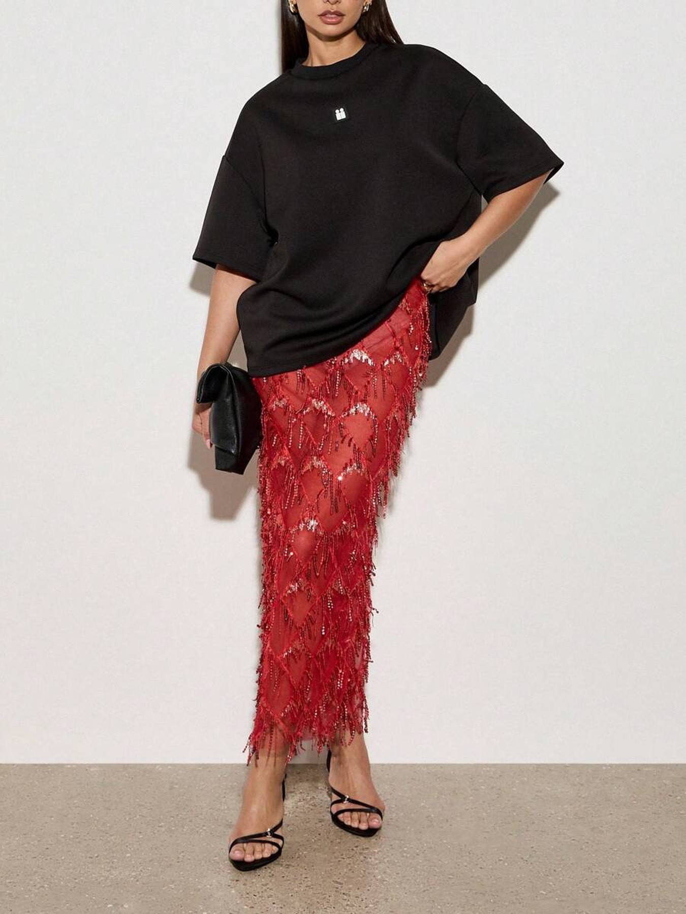 2026 European and American Cross-Border New Product Red Sequined Slit Mid-Length Skirt That Covers the Hips, Sexy and Slimming Mesh Women's Skirt