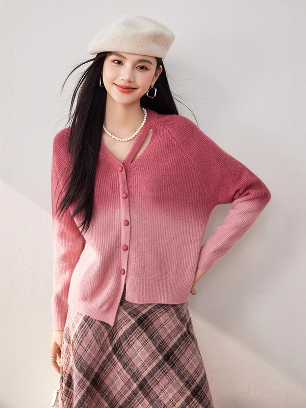 哥家商场同款女装2025秋季渐变色外穿红色针织开衫粉色长袖针织衫|undefined