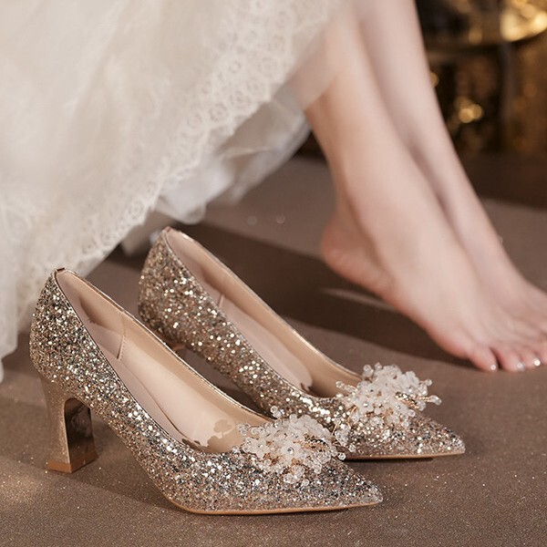 Cross-Border Large Size 34-42 Wedding Shoes, Wedding Dress, Thick Heel, Pointed Toe Bridal Shoes, Daily Wearable Fat Feet, Wide Feet Women's Shoes