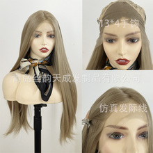 跨境Cos wig假发女亚麻金长直发手钩前蕾丝哑光高温丝全头套