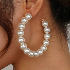 欧美跨境大圆圈珍珠耳环女士韩国百搭时尚夸张圆圈珍珠耳环
