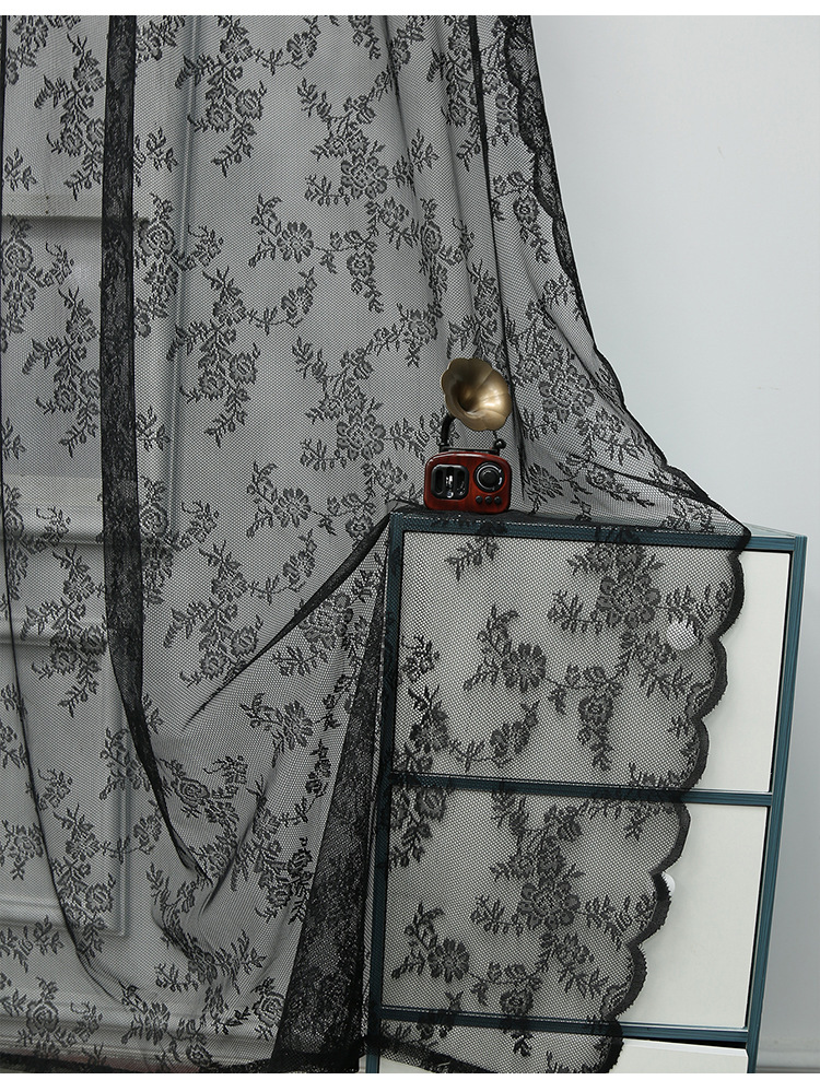 Retro light luxury warp lace black finished bedroom balcony live room decoration partition curtain window screen_voghion.com