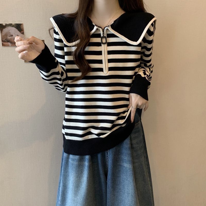 法式海军领条纹针织衫长袖女秋冬大码胖宽松遮肚子别致拉链上衣|undefined