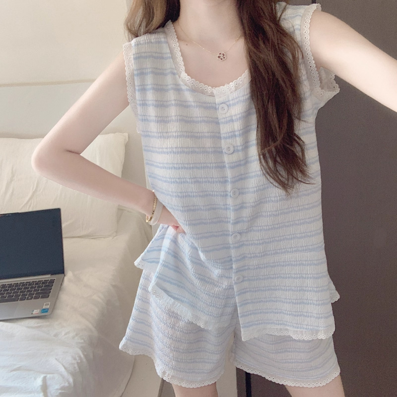 Women's Summer Modal Pajamas with Breast Pads, Korean Style Small Fresh Stripesd Suspenders, Shorts, Vests, Home Clothes Sets