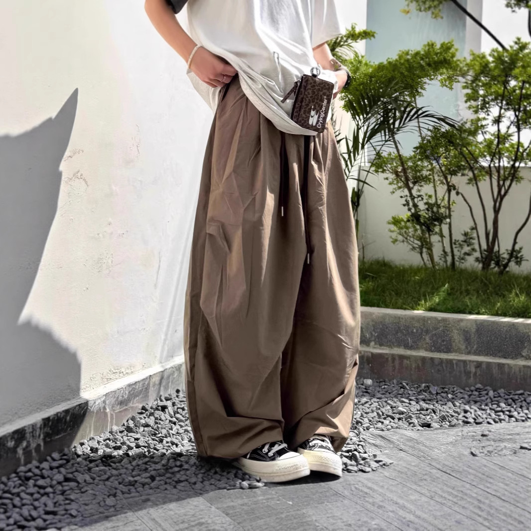 春夏日系复古纯色宽松褶皱水洗阔腿裤男女学生百搭抽绳弯刀裤轻薄