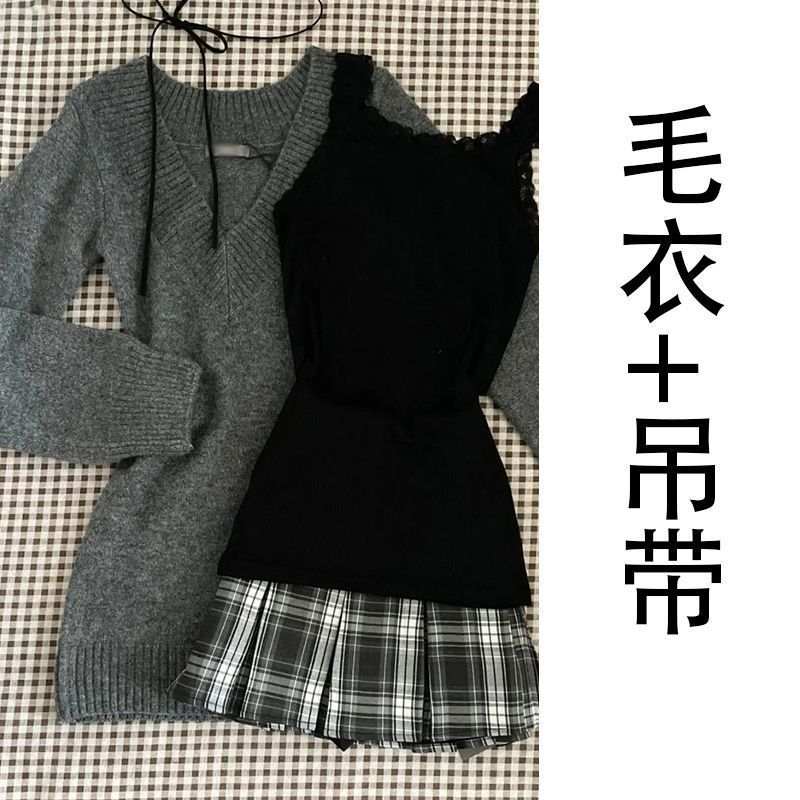 2025新款学院风v领针织毛衣女两件套装女秋季辣妹职业穿搭一整套|undefined