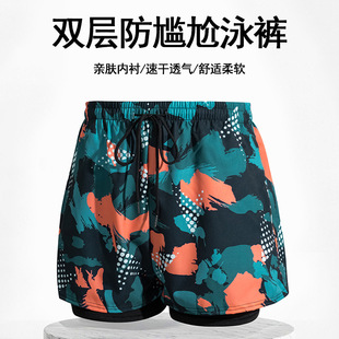 Swimming trunks men's double-layer anti-embarrassment 2023 new swimming trunks five-point quick-drying hot spring pants men's swimsuit set equipment