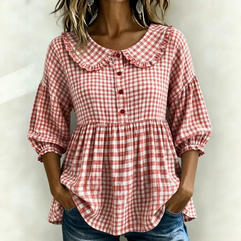 2026 New Foreign Trade Model for Independent Sites and Amazon: Women's Plaid Pattern Pullover Top with Five-Quarter Sleeves, Doll Collar, and Buttons