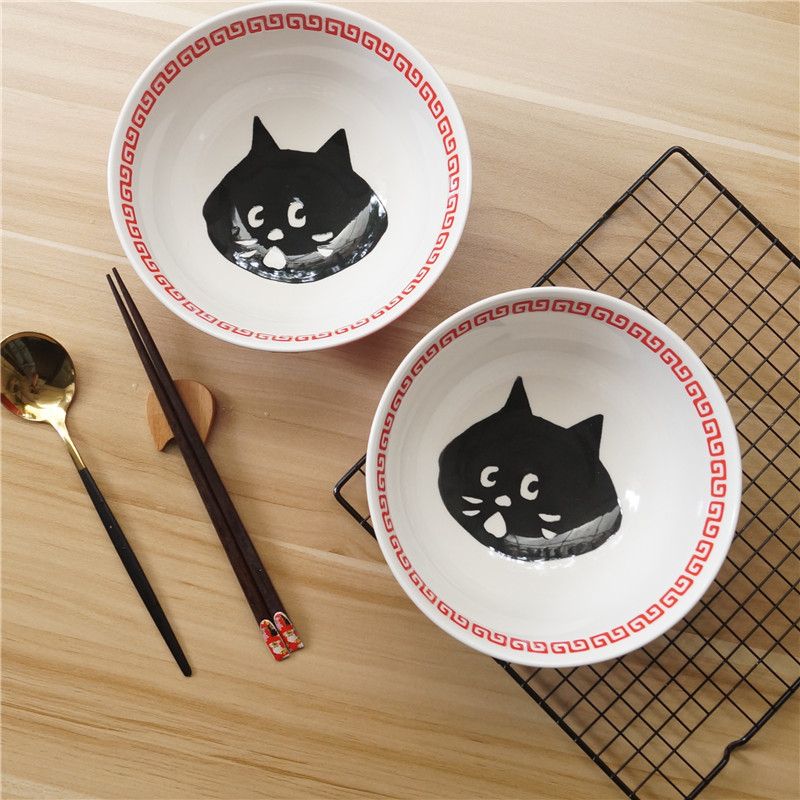 日式創意拉麵碗陶瓷釉下彩餐具驚訝貓沙拉碗家用湯碗大容量面碗