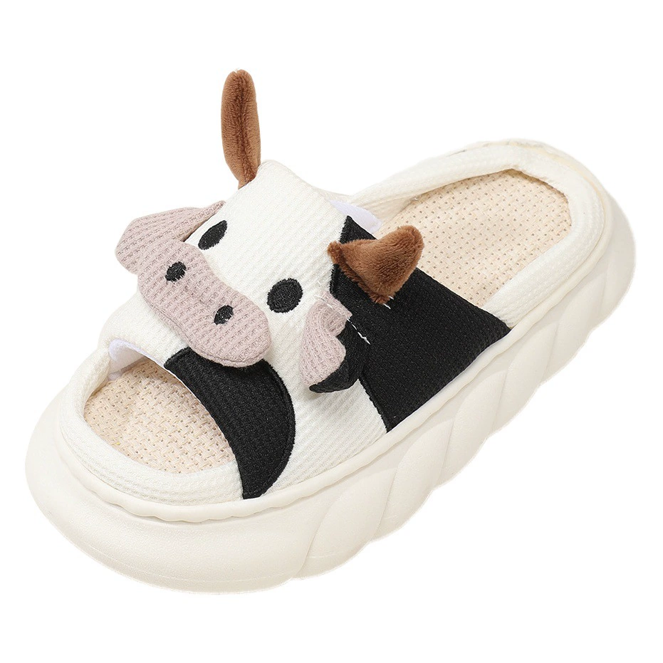 Льняные тапочки с коровьим принтом, зимние модные дышащие нескользящие домашние тапочки на толстой подошве для пар, мальчиков и девочек.