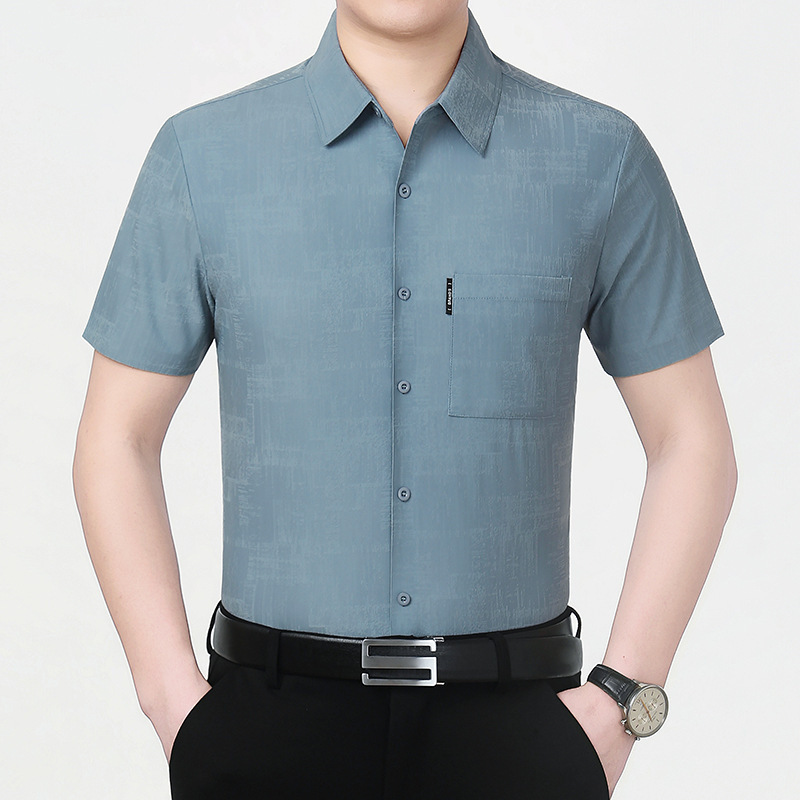 High-End Mulberry Silk Short-Sleeved Shirt for Men, Summer High-End Light Luxury Non-Iron Polo Collar Middle-Aged Business Solid Color Shirt