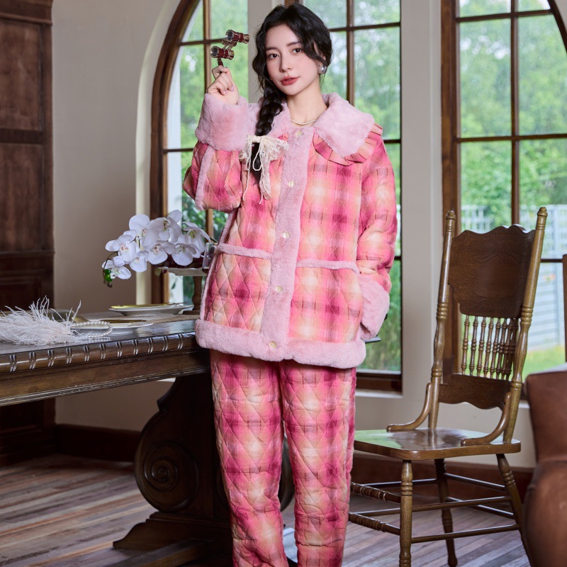 pink grape冬季加厚睡衣女士三层夹棉加绒保暖新款家居外出服套装