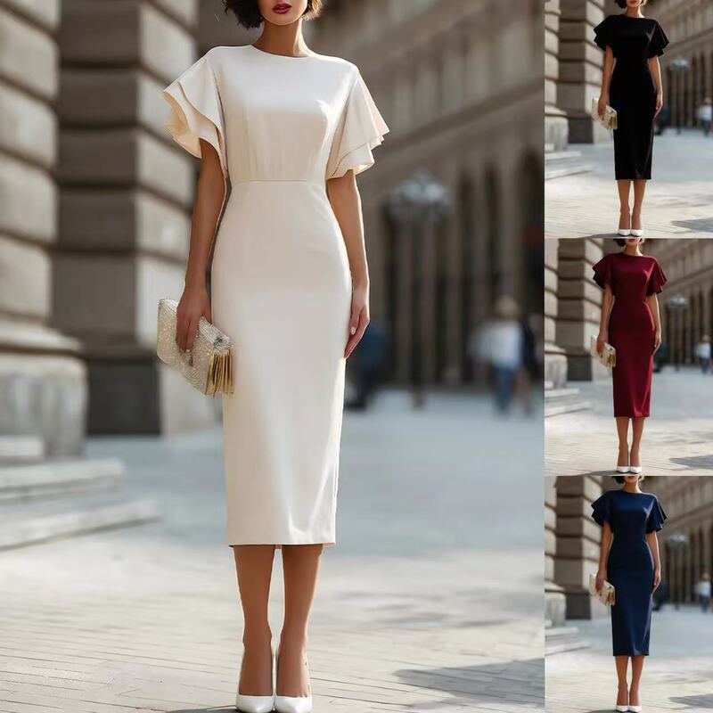 2026 European and American Foreign Trade Women's Clothing, Ruffled Sleeve Slim Fit Bodycon Dress, Mid-Length Pencil Skirt for Work and Parties