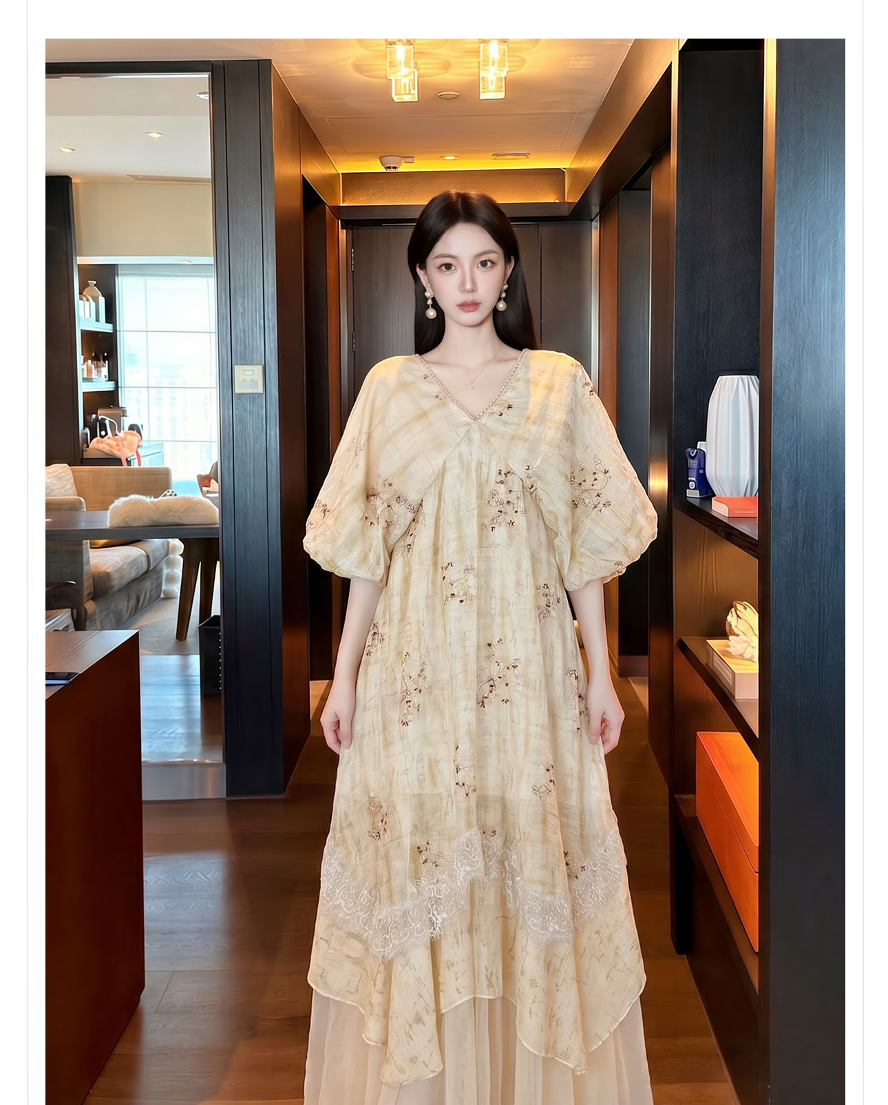Đầm maxi nữ thắt eo phong cách Tân Trung Hoa, tay ngắn, cổ viền ren, thêu hoa tinh tế — màu trắng ngà chi tiết 3