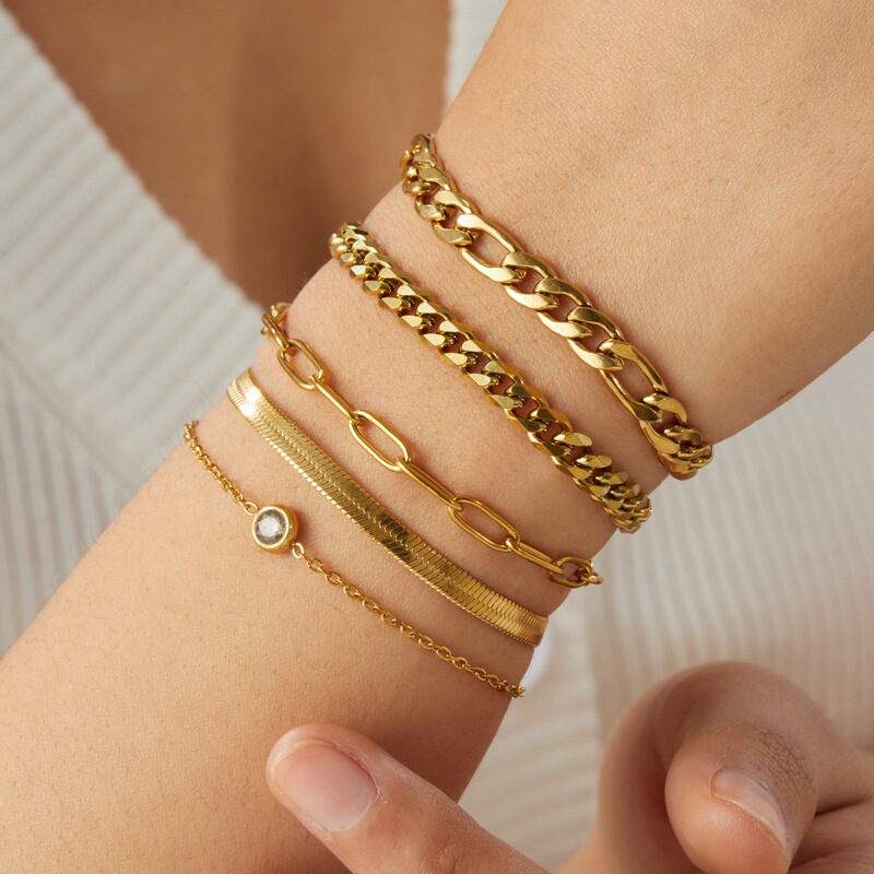 European and American Fashion New Layered Cuban Chain Cross Chain Gold-Plated Stainless Steel Trendy Personalized Bracelet Set
