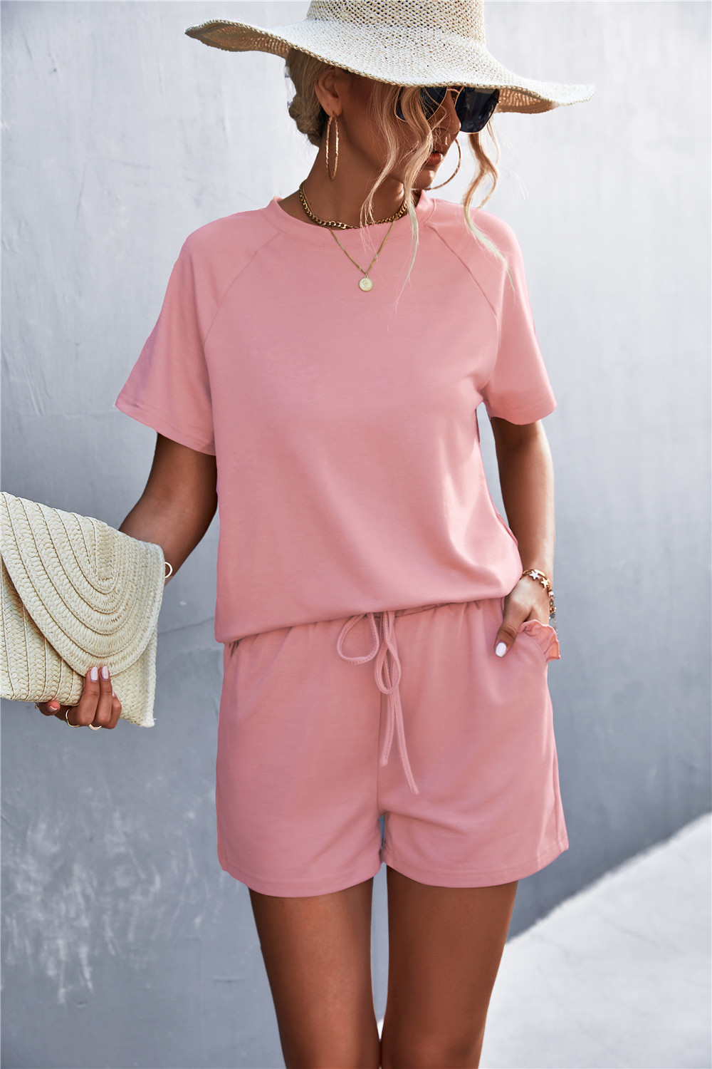2023 Spring/Summer New Solid Round Neck Ruffled Short Sleeve Shorts Casual Set_voghion.com