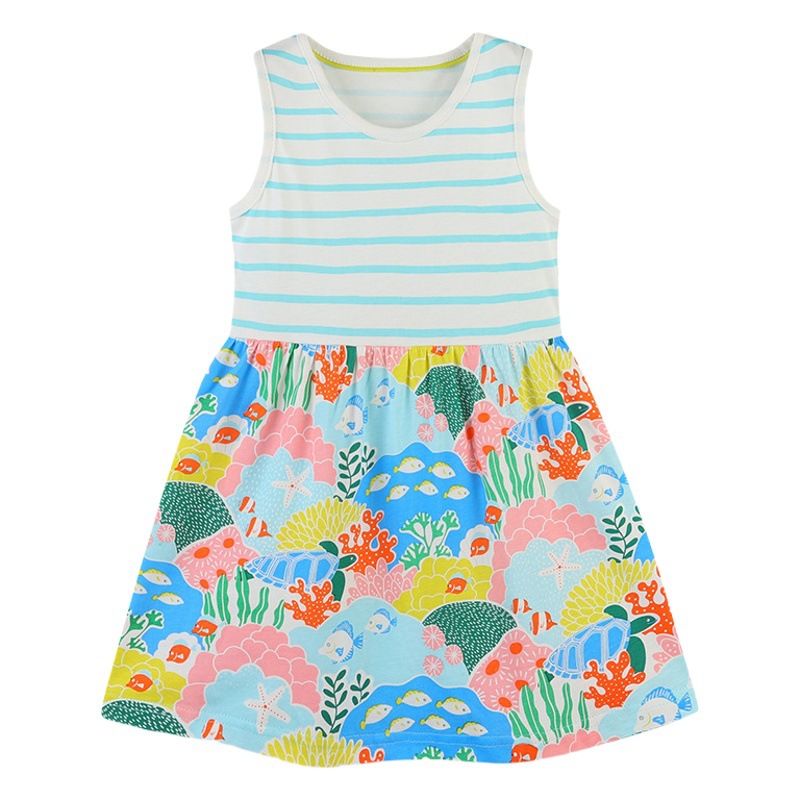 Vestido de verano para niños nuevos al por mayor estilo europeo y americano de punto de algodón vestido de niña de dibujos animados impreso princesa vestido de una sola pieza de entrega