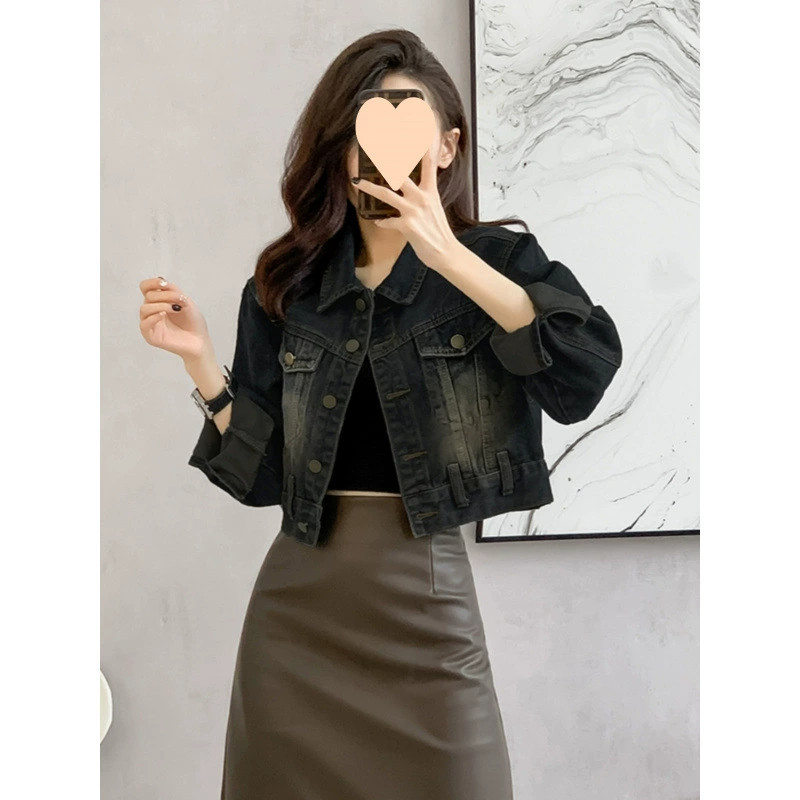 Short denim retro autumn jacket for leisure, oversize
