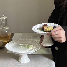 法式浮雕高颜值裙边高脚托盘陶瓷收纳盘 甜品台蛋糕盘展示盘批发