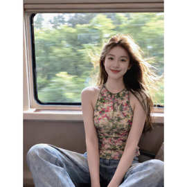 自制撞色晕染网纱辣妹挂脖吊带背心女夏新款纯欲露肩背心内搭上衣