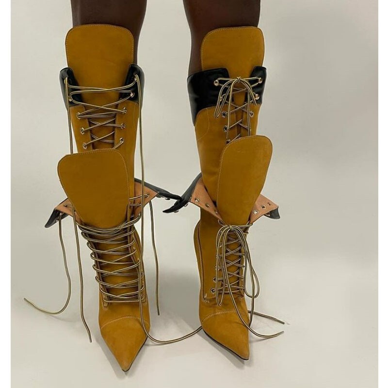 New Foreign Trade Cross-Border Model: Women's Fashion Show Knee-High Boots with Thin Heels, Ultra-High Heels, Double-Layer Straps, Large Size, Aliexpress