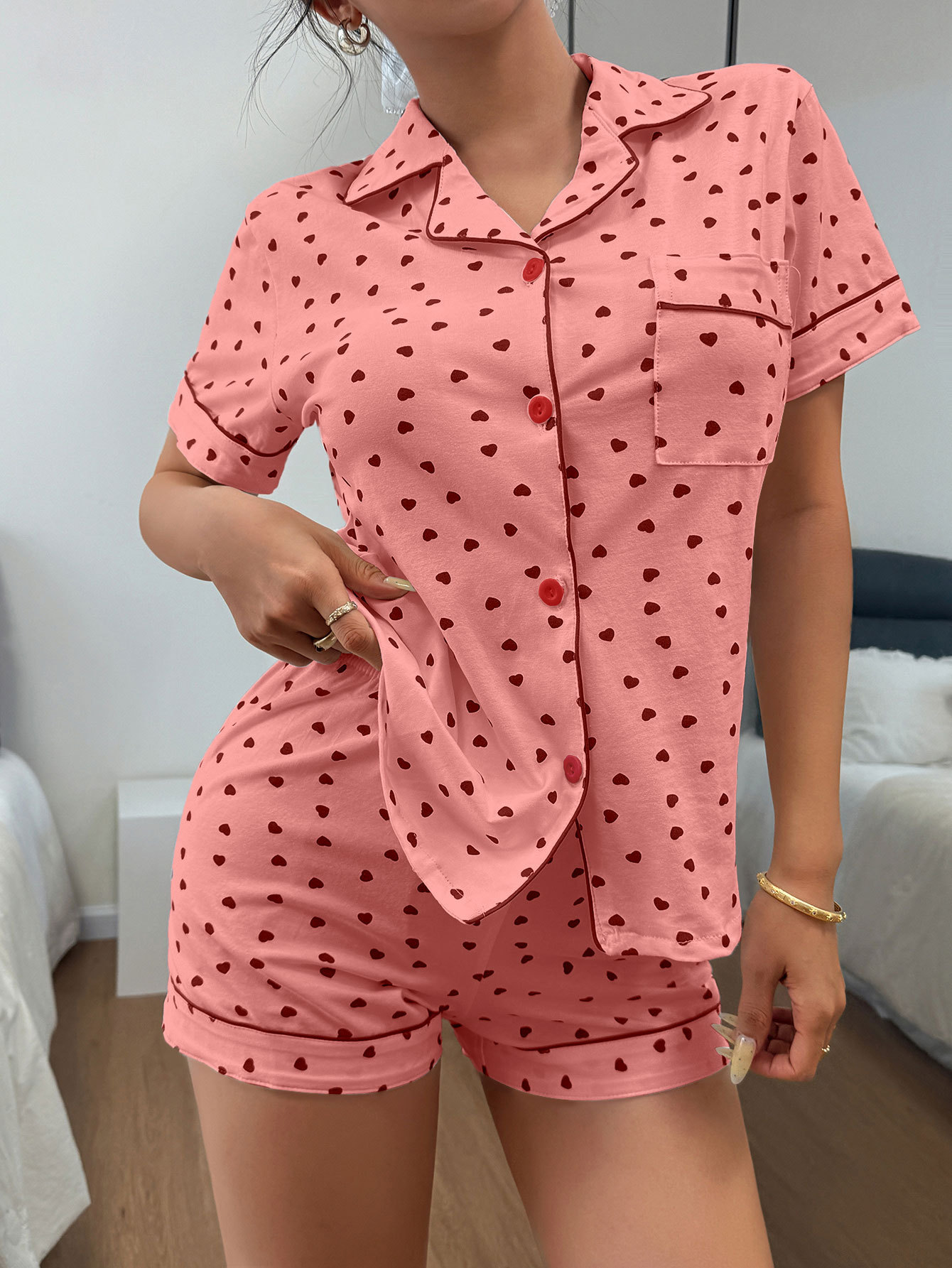 Damen Schlafanzug Mit Herzmuster Reverskragen Und Kurzen Ärmeln_voghion.com