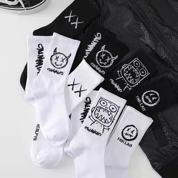 European and American ins Korean style grimace tide socks mid-hose hip hop barb couple men's and women's socks waist flower fruit brand black and white