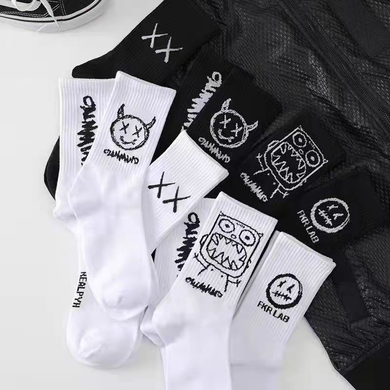 European and American ins Korean style grimace tide socks mid-hose hip hop barb couple men's and women's socks waist flower fruit brand black and white