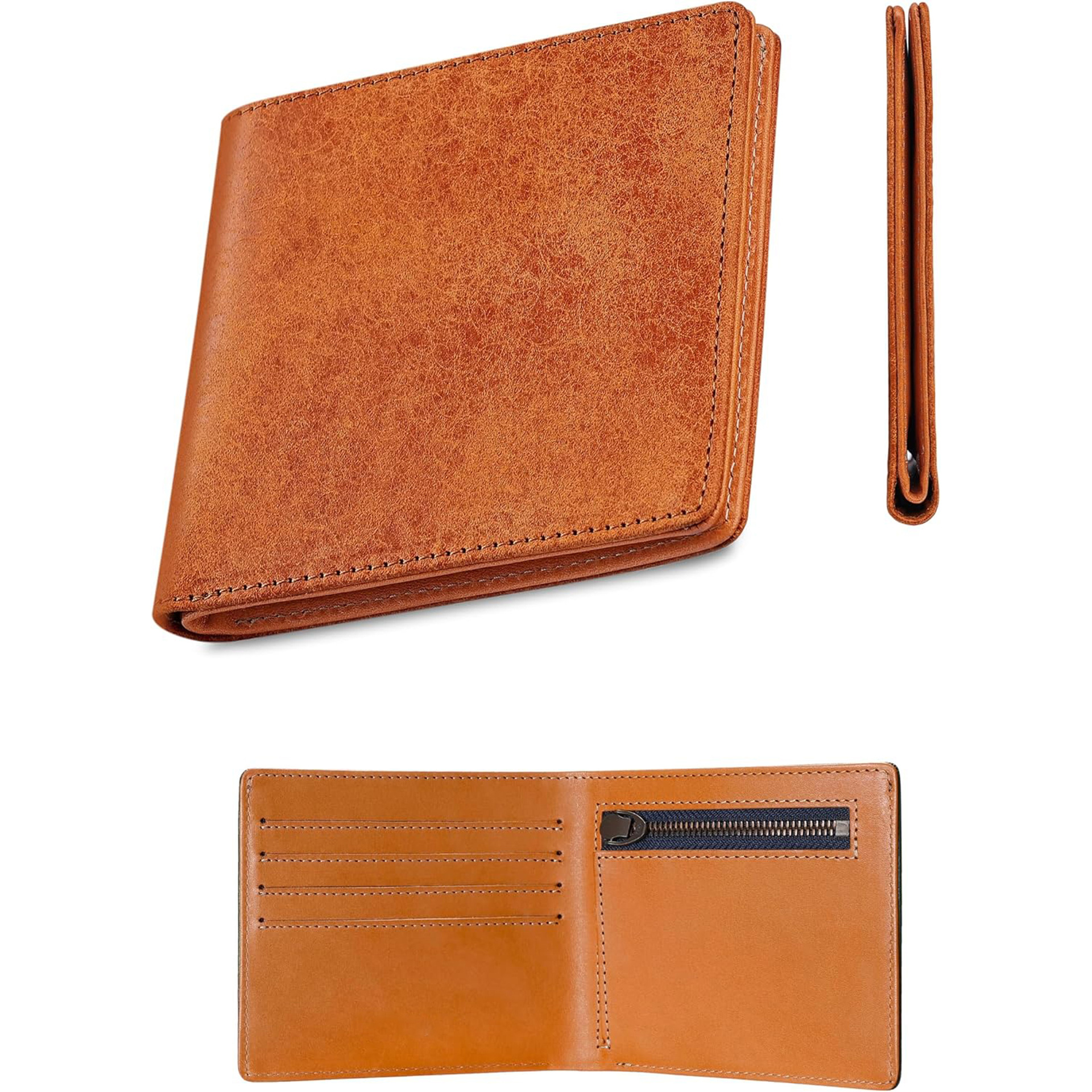 Cross-border japonés Lotte Tochigi Wallet ultra delgado corto almacenamiento de negocios con cremallera doble billetera de cuero para hombres