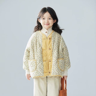 爆款新品2023设计款女童冬季韩系碎花夹棉灯芯绒棉袄外套