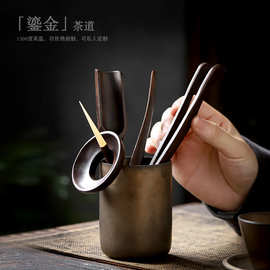 鎏金复古茶道六君子简约茶夹茶勺茶针整套收纳桶黑檀木纹茶道配件