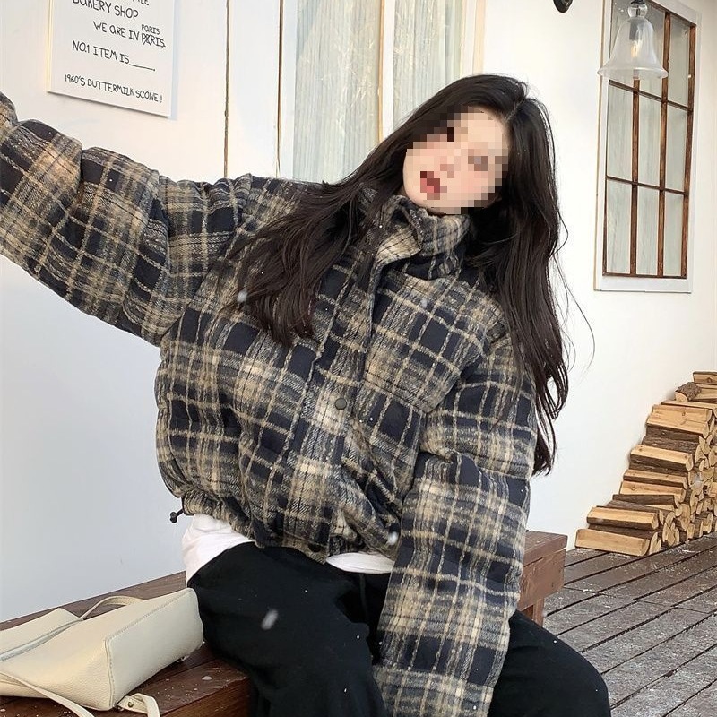 美式圣诞红氛围感格子加厚保暖棉衣棉服女2025春季雪地面包服外套