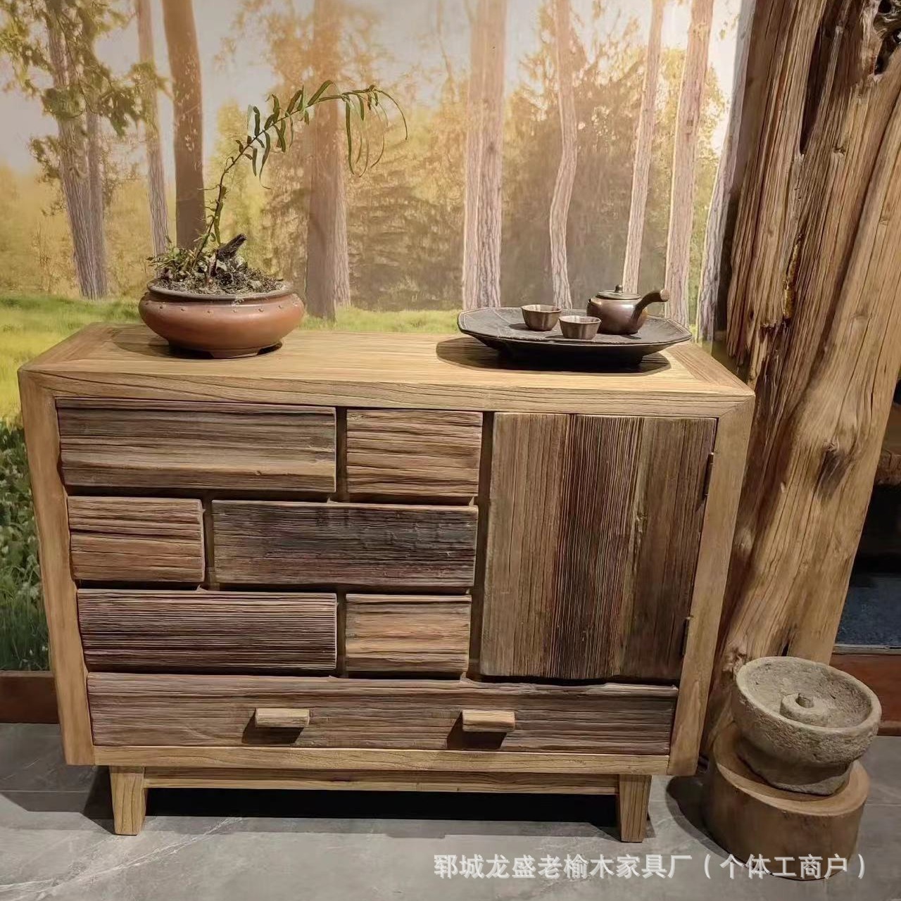New Chinese Style Old Elm Tea Rack Living Room Sideboard Weathered Texture Ancient Shelf with Drawer Multi-Treasure Cabinet Display Rack