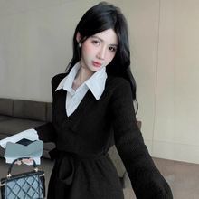 慵懒风韩版假两件衬衫拼接系带收腰针织连衣裙女秋冬短款毛衣裙女