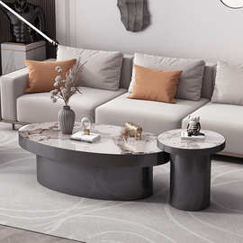 经典意式轻奢岩板茶几椭圆形现代简约不锈钢客厅奢石茶台客厅家用