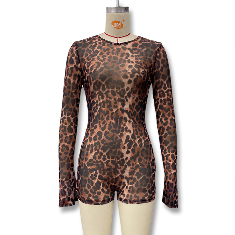 Ropa de Mujer para Comercio Exterior, AliExpress, Primavera-Verano 2026, Nuevo Mono Sexy con Estampado de Leopardo, Espalda Descubierta, Manga Larga y Corte Ajustado