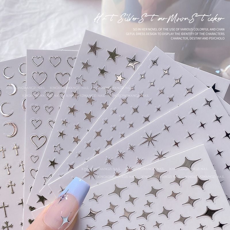 Internet Celebrity Popular Hot Silver Starburst Nail Art Stickers 2023 New Star Cross with Adhesive Backing Finger Nail Decorations