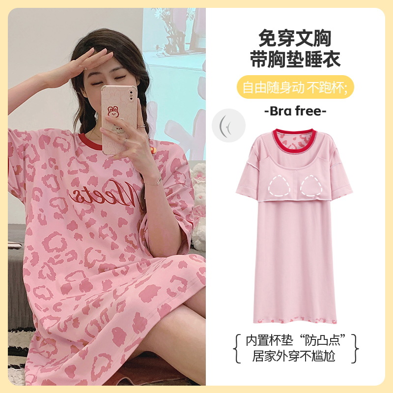Pijamas con almohadillas para el pecho para mujer, vestido de verano de algodón puro de manga corta y largo medio con dibujos animados, pijamas por encima de la rodilla para mujer, nuevo estilo 2025