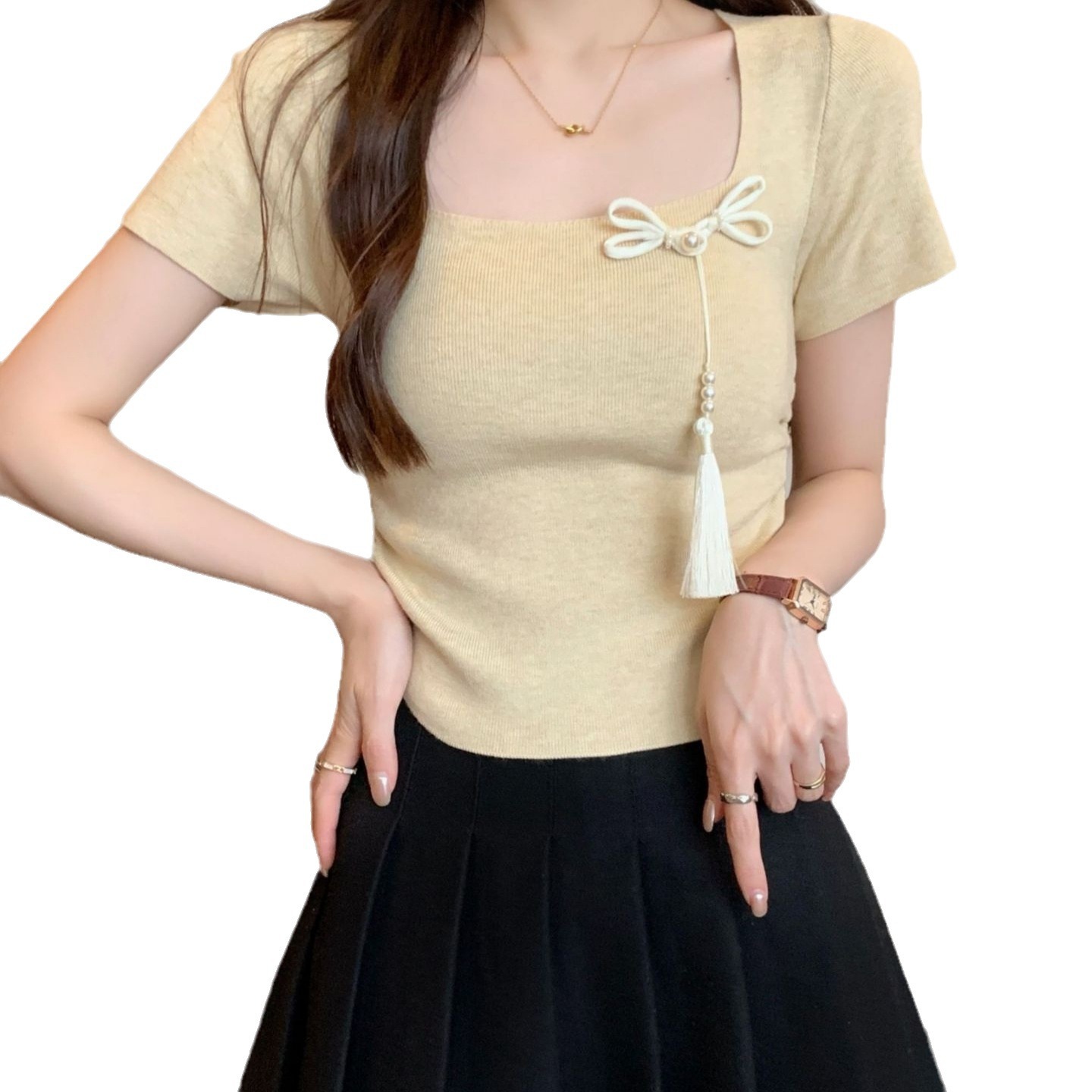 New summer design with straps, Chinese style irregular T-shirt, women's knitted slim fit short sleeved square neck top_voghion.com