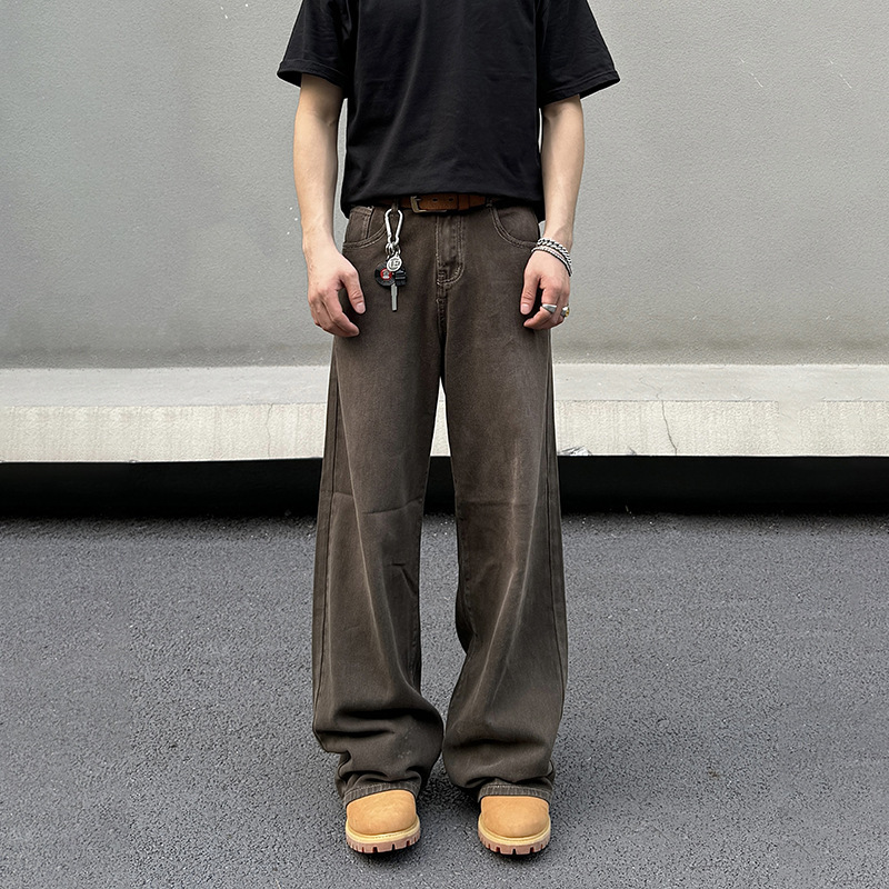 Vintage Wash and Dye Brown Jeans Men's and Women's Loose American Style cleanfit Straight Draped Wide Leg Trousers