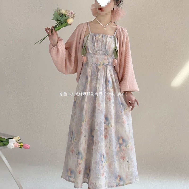 郁香染夏法式甜美复古气质连衣裙套装女纯欲风开衫吊带裙两件套潮|undefined