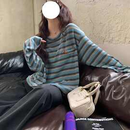2026新款慵懒风长袖T恤女条纹宽松打底衫小衫巨好看的早秋季上衣
