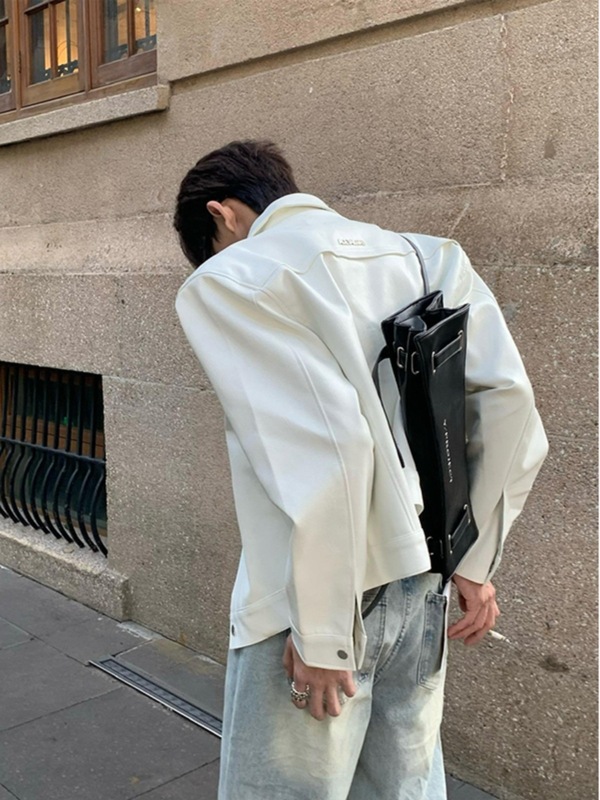 cleanfit白色短款皮衣外套男潮高级感痞帅飞行员皮夹克垫肩机车服|undefined