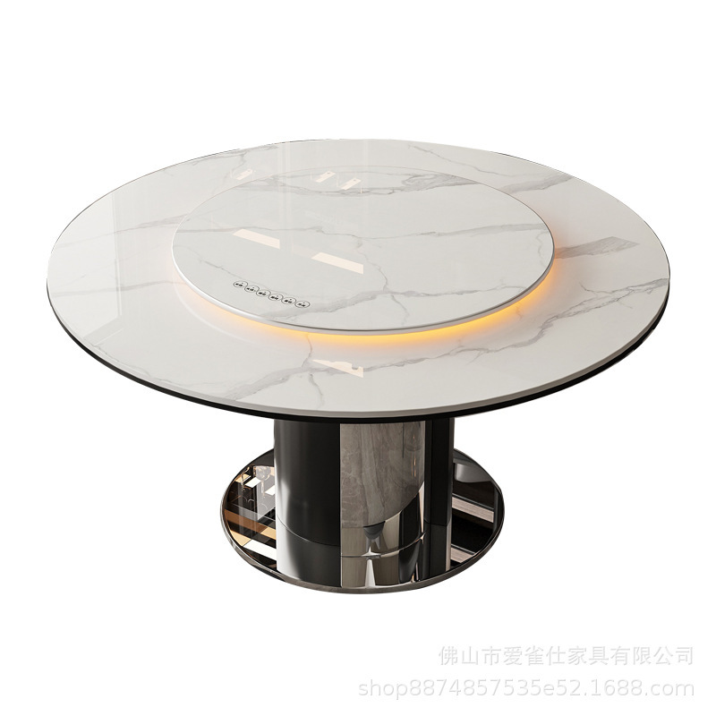 AI智能语音控制暖菜电动转盘圆形岩板餐桌现代家用商用电磁炉饭桌|undefined