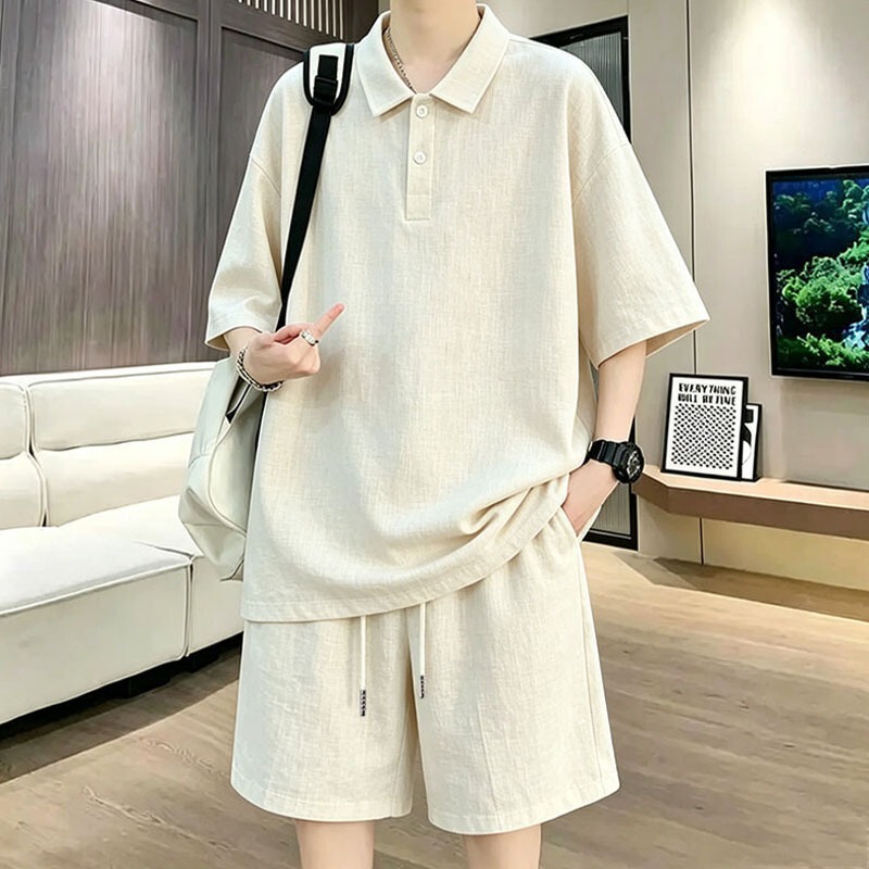 Plus Size 150kg Tencel Linen Vintage Old Money Style Short-Sleeve T-Shirt Men's Loose Two-Piece Polo Shirt and Shorts Set Plus Size 150kg Tencel Linen Vintage Old Money Style Short-Sleeve T-Shirt Men's Loose Two-Piece Polo Shirt and Shorts Set