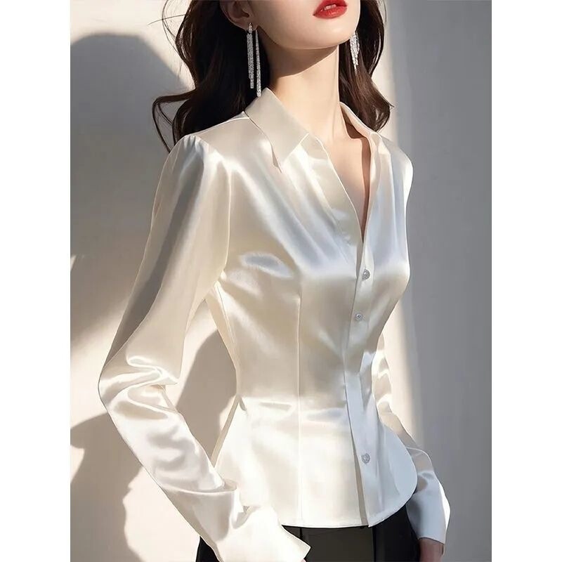 Spring new foreign-style chic beautiful white acetate satin waist-cut niche shirt women's clothing
