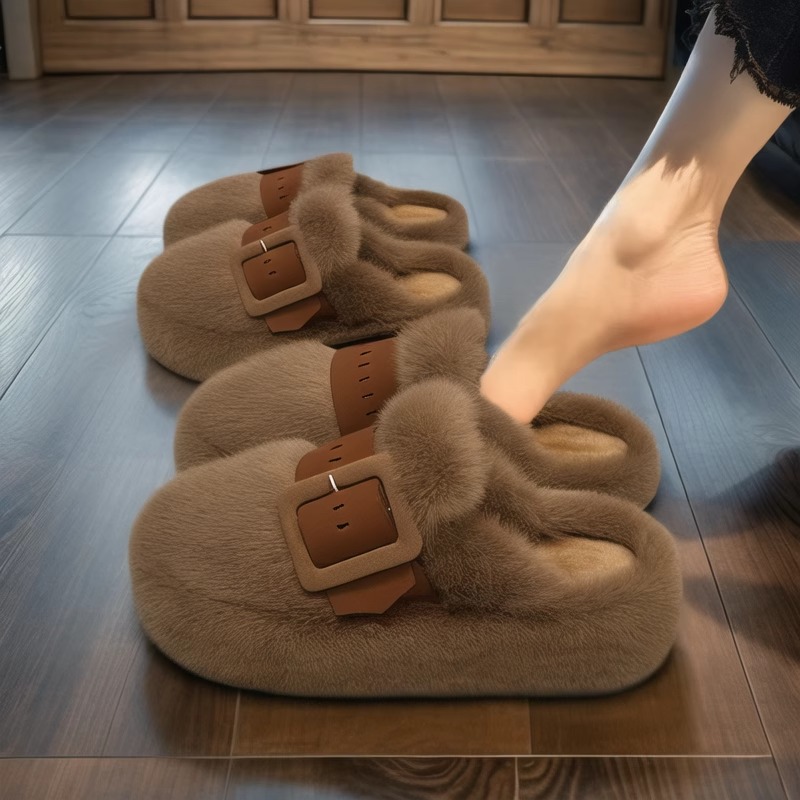 Women's Fur-Lined Slippers for Outdoor Wear 2026 New Autumn/Winter Platform Thick-Soled Slip-On High-End Cotton Slippers for Pregnant Women