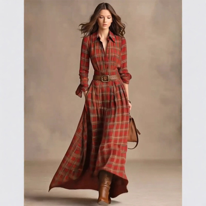 In Stock Autum Formal Occasions Dignified Elegant Waist Retro Red Plaid Polo Collar Shirt Dress for Women