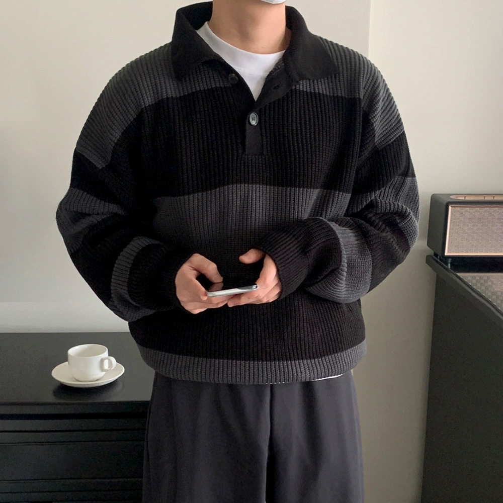 Мужской свитер поло в полоску в японском стиле, модный осенний свитер с лацканами в Корейском стиле, Свободный Повседневный модный топ