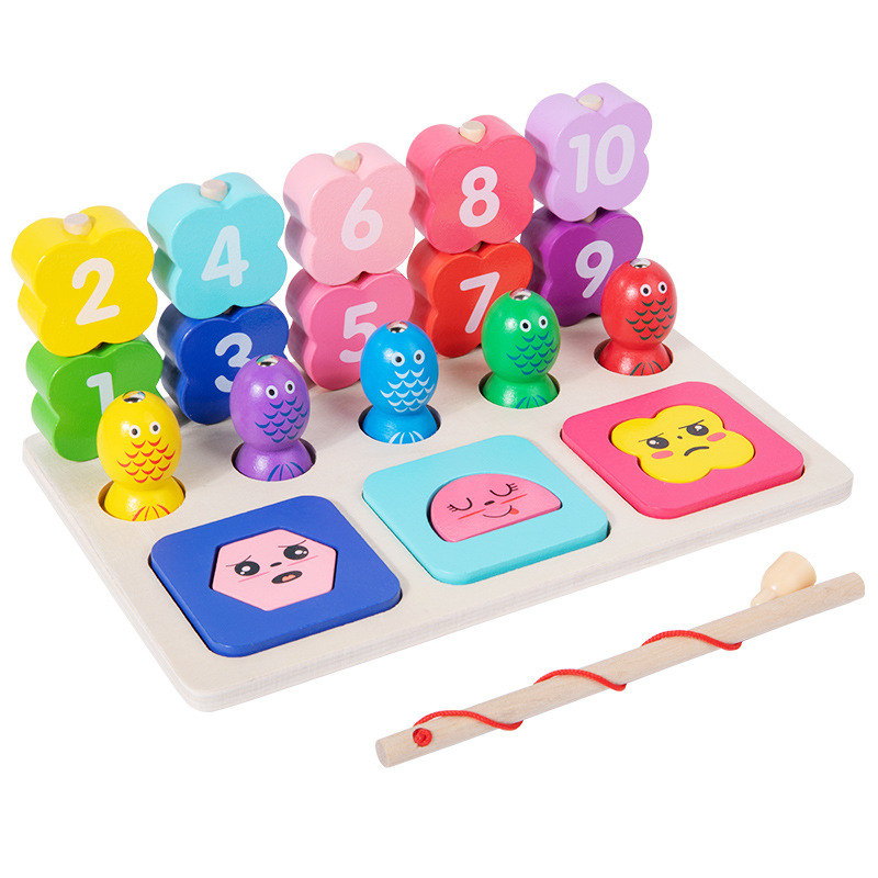 Traje tres en uno de pesca magnética de madera para niños, juego de rompecabezas de educación temprana para bebés de 1-2-3 años, combinación de forma de columna